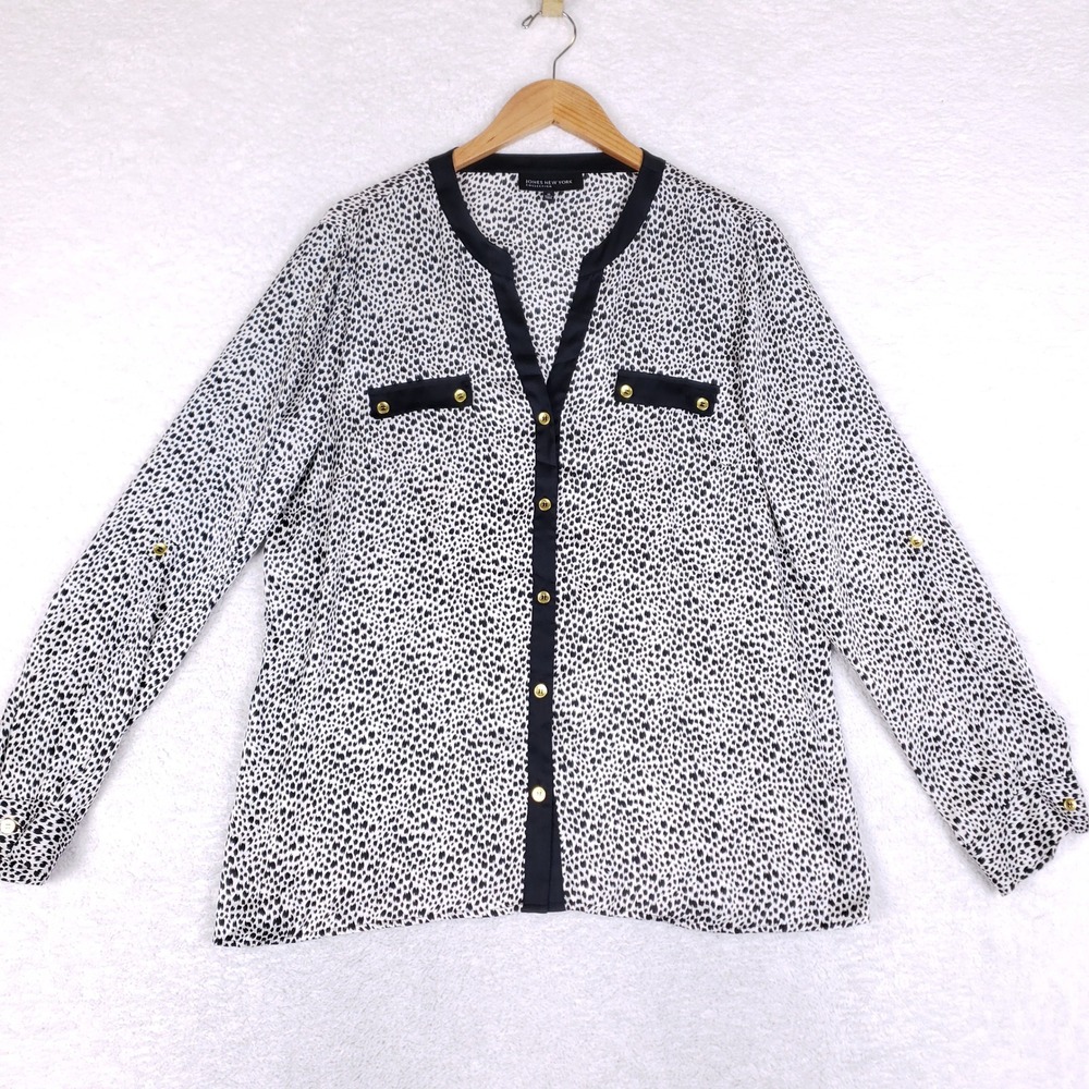 Jones New York Blouse Women 14 Animal Print Cheetah‎ V Neck Roll Tab Career Top